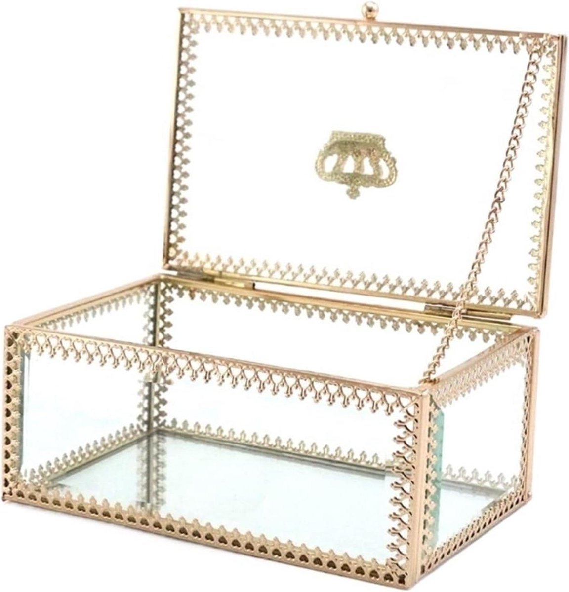 Glazen Aandenken Doos - Decoratieve Sieradenbox - Woondecoratie Display - Messing Frame - 14x9x6cm - Goud
