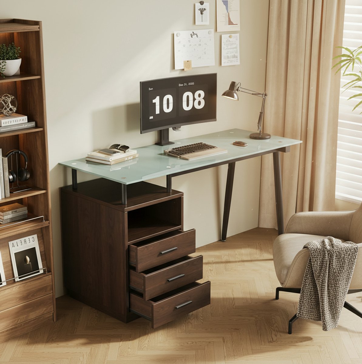 FloraGrace Bureau - Moderne Schrijftafel Met Glazen Blad En 3 Lades - Voor Thuiskantoor En Werkruimte - MDF Metaal Glas - 130x50x75 Cm Bruin