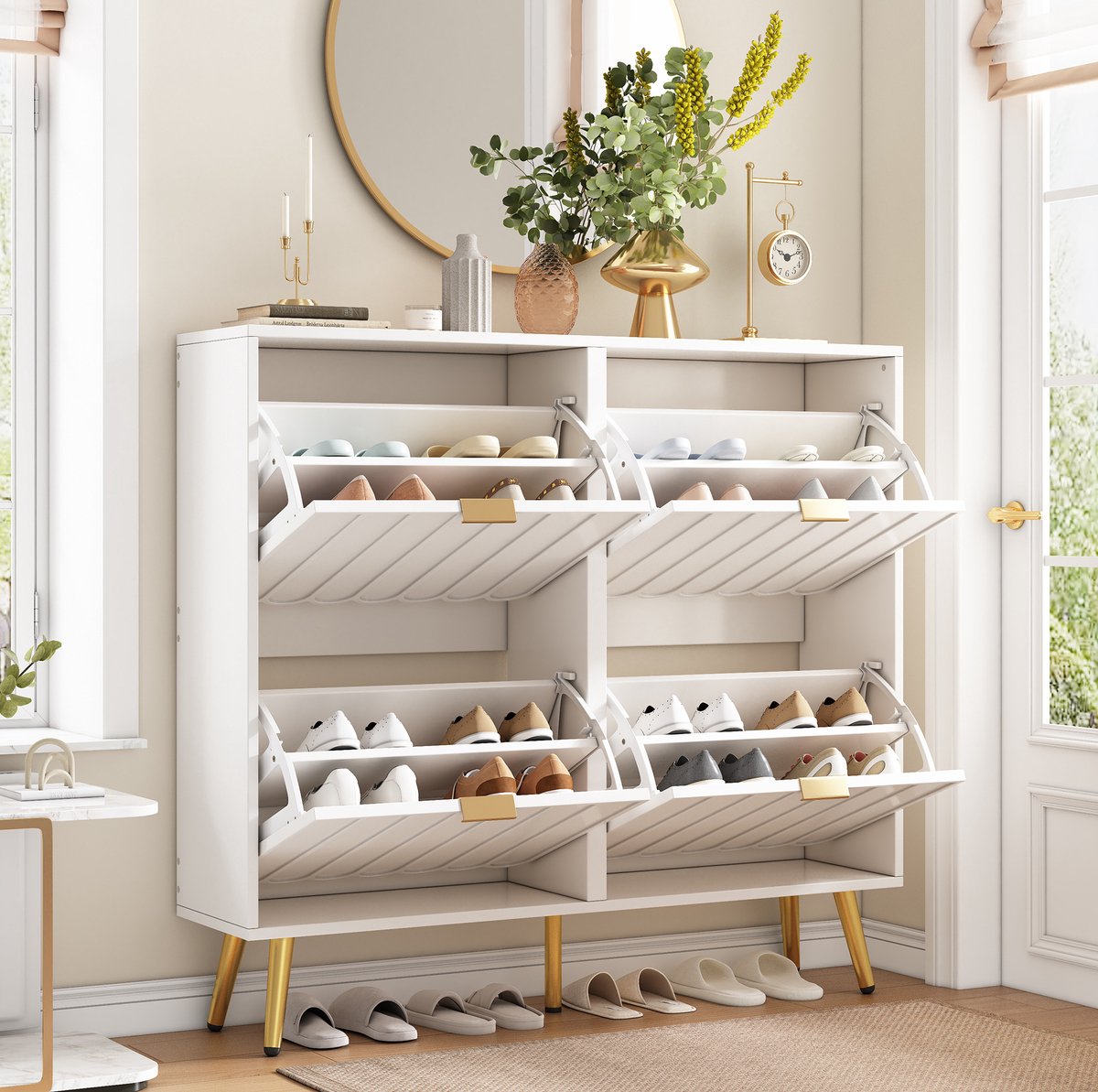 DESMIU Schoenenkast - Smalle Schoenenkast Met 4 Kleppen En Kantelbeveiliging - Voor Hal En Entree - MDF En Spaanplaat - 100x24x91,5 Cm - Wit