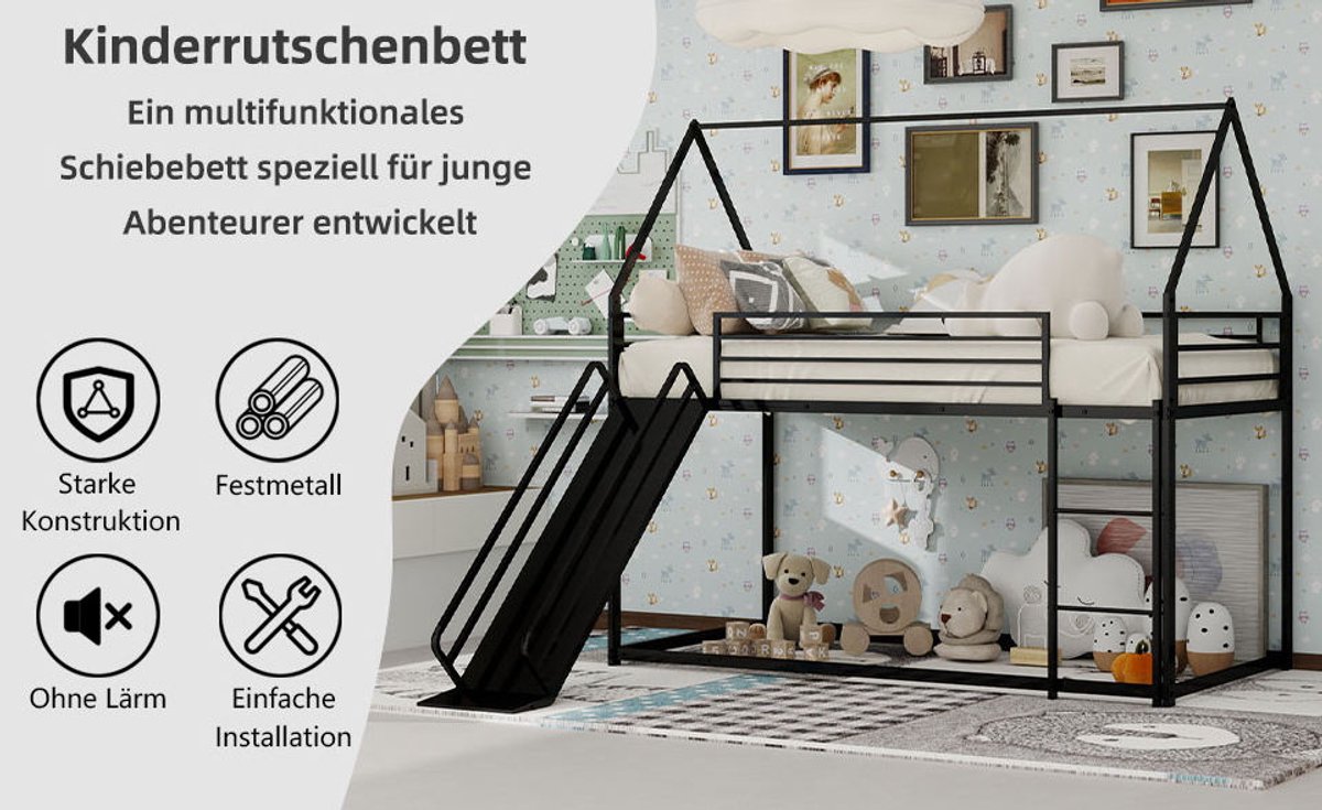 MIVRAY Stapelbed 90x190 cm Zonder Matras - Kinderbed Met Glijbaan En Trap - Ruimtebesparend Huisbed Voor Slaapkamer - Metaal - Zwart