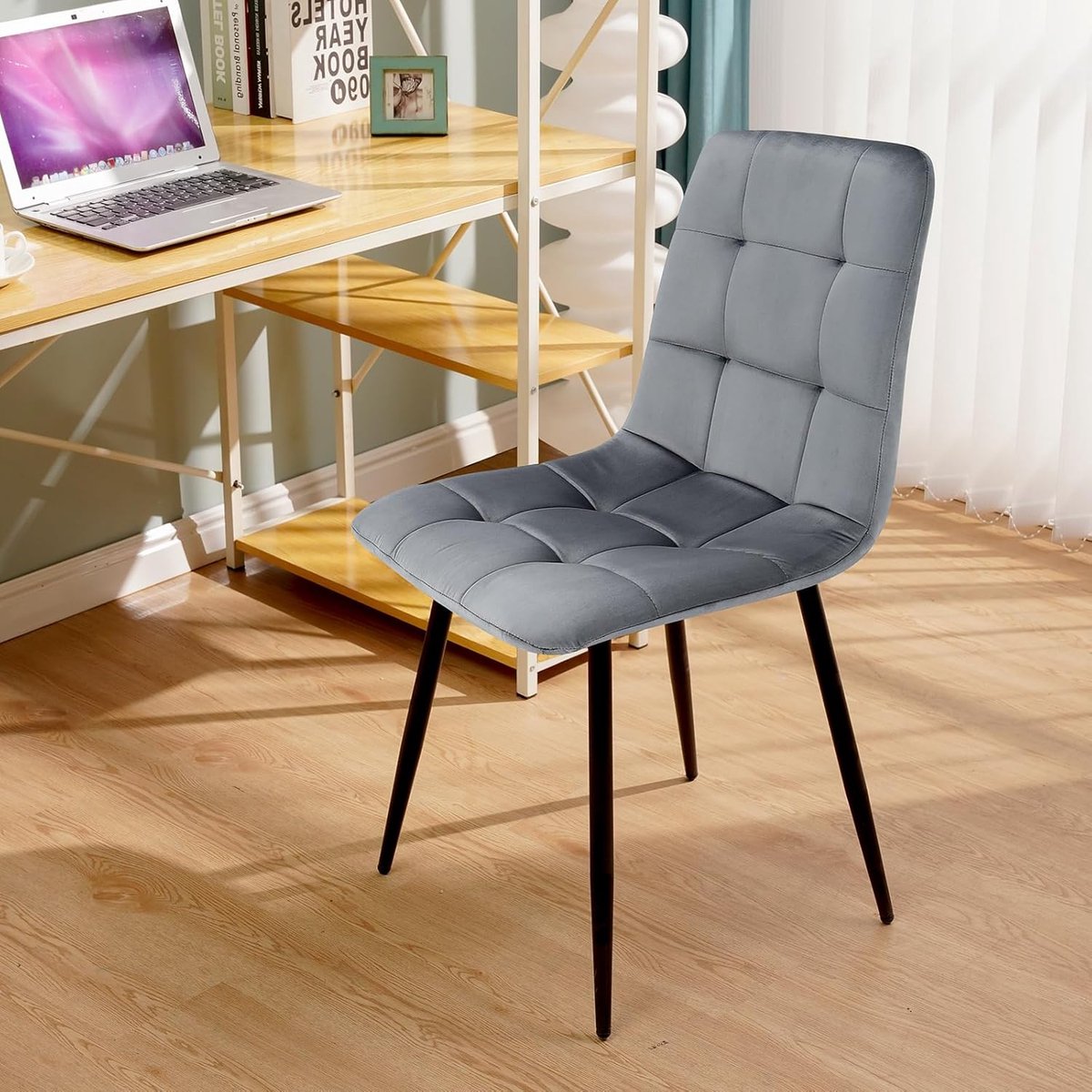 Eettafelset 140x80 cm Donkergrijs – NoviHomeStore 7-Delige Eetkamergroep – Rechthoekige Houten Tafel + 6 Velours Stoelen – Modern Mid-Century – Voor 6-8 Personen – NoviHomeStore