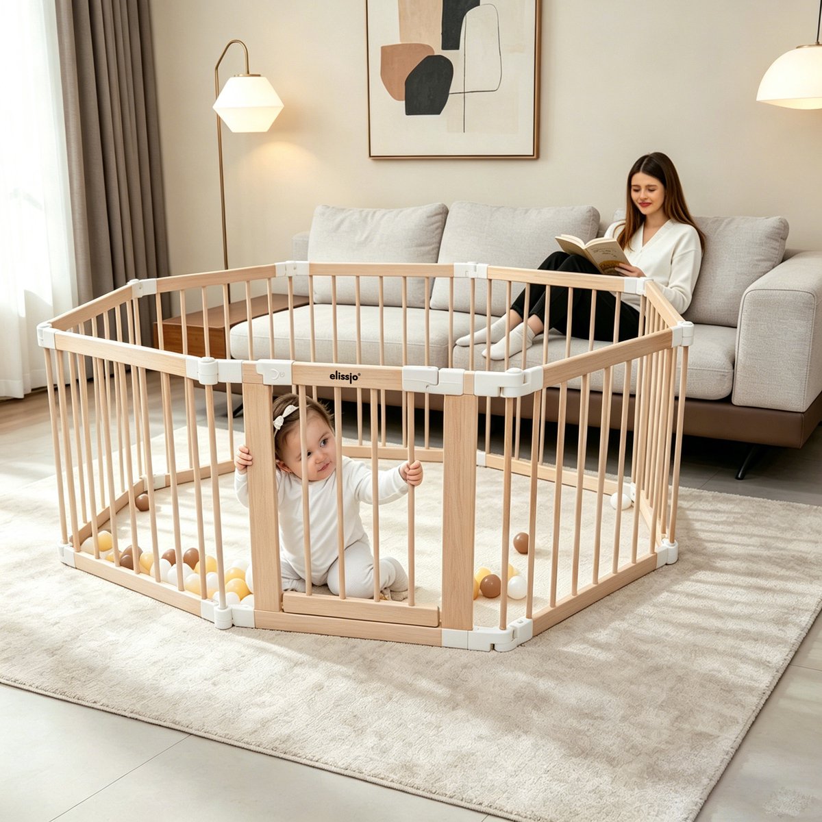 Elissio Grondbox - Babybox - Inklapbare Speelbox - Kinderbox - Playpen Baby - Voorgemonteerd - 130 x 130 x 70 cm - Incl. NL Handleiding - Naturel Hout – foto 6