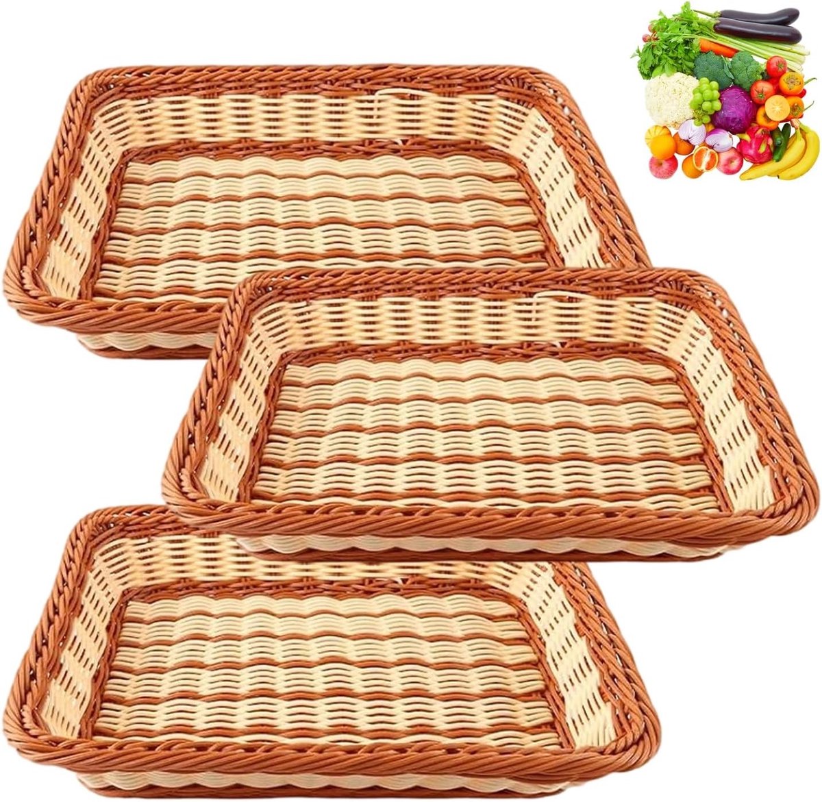 Set van 3 Plastic Wicker Baskets - Ideaal voor Paddenstoelen, Organisatie en Decoratie in Huis, Keuken en Restaurant (35x25x7cm)
