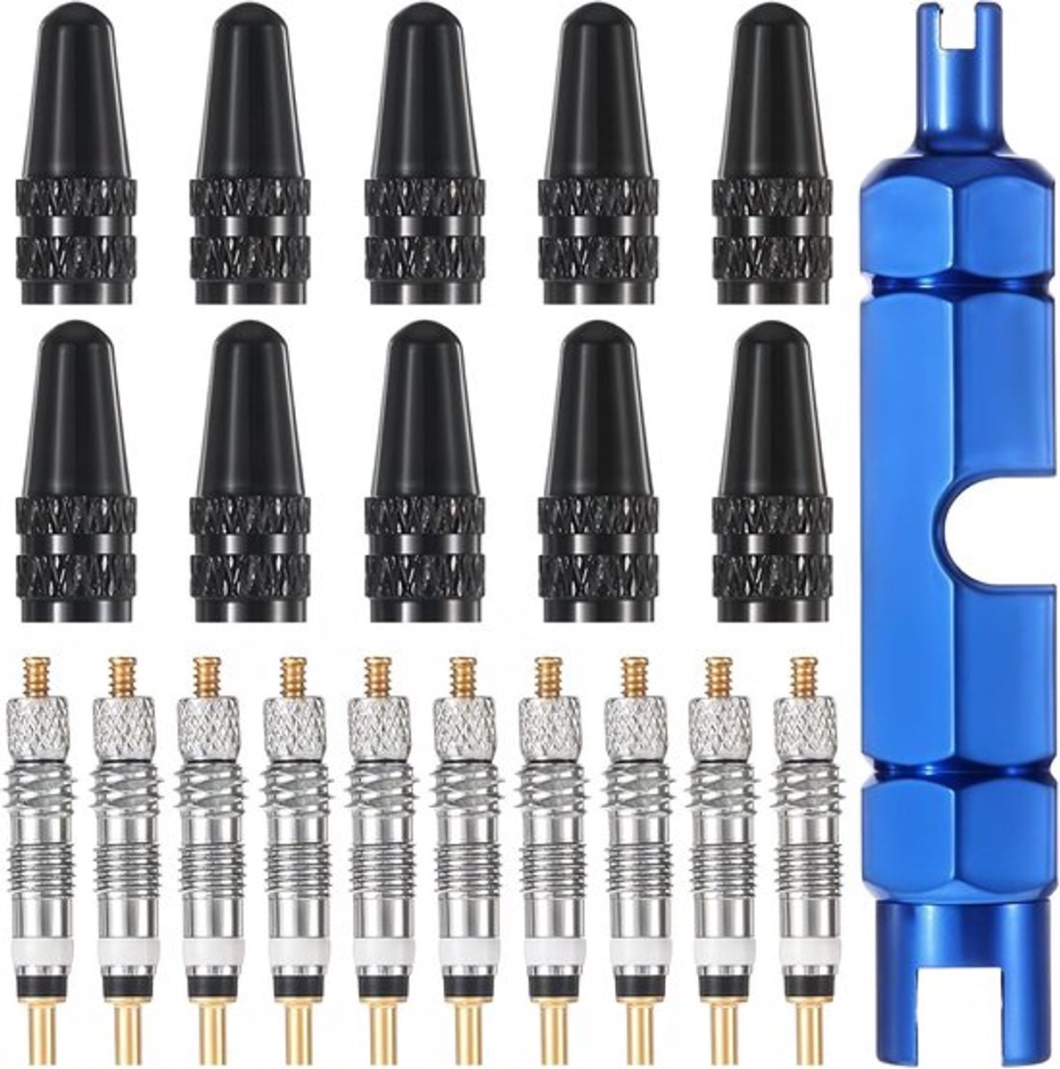 SnelShoppen - 21-delige Fietsventiel Set, Fietsventiel Adapter en Reparatieset, 10 Presta Ventiel Cores, 10 Ventieldoppen, 1 Ventiel Core Verwijder To