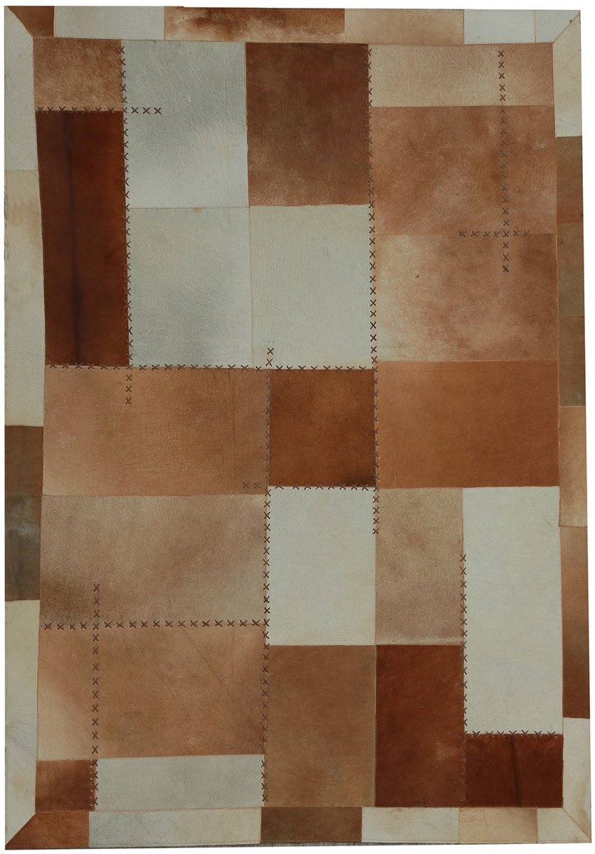 Padiro laagpolig vloerkleed 120 x 170 cm - bruin / meerkleurig - geometrisch ruit- en blokpatroon - patchwork - geschikt voor vloerverwarming - van leer