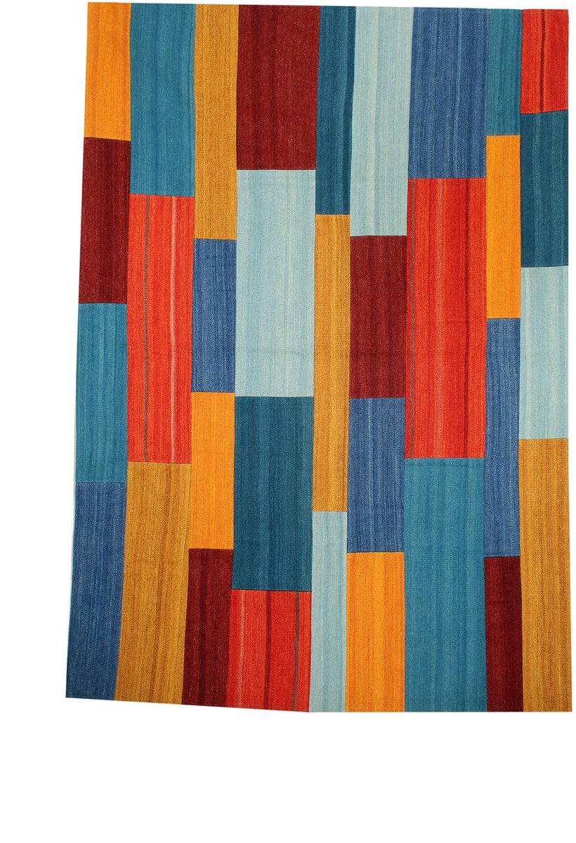 Padiro laagpolig vloerkleed 120 x 170 cm - rood / meerkleurig - geometrisch ruit- en blokpatroon - patchwork - geschikt voor vloerverwarming - van wol en katoen