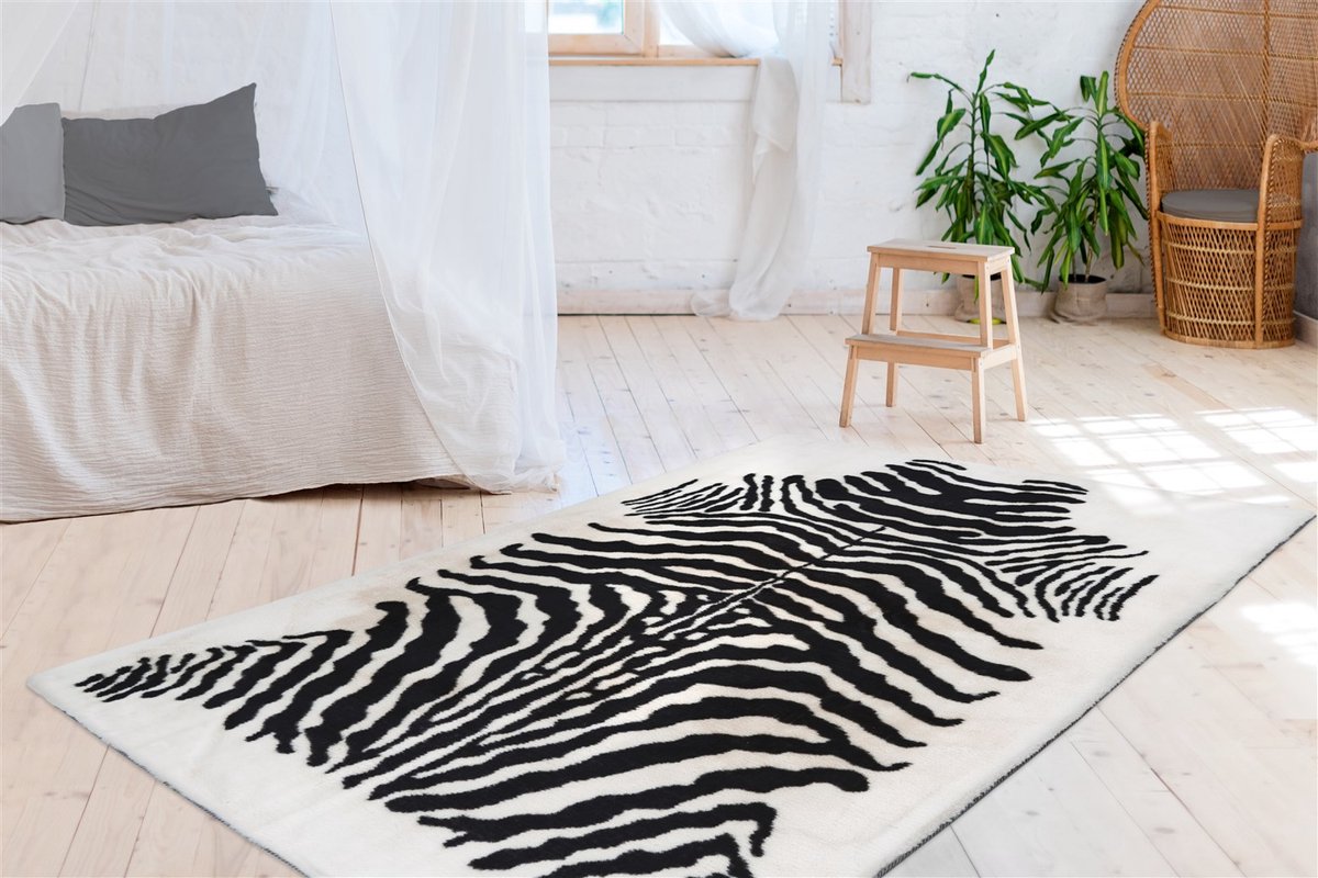 Padiro knus hoogpolig vloerkleed 160 x 230 cm - donkergrijs - karaktervolle zebraprint - voor vloerverwarming - van polyester en katoen