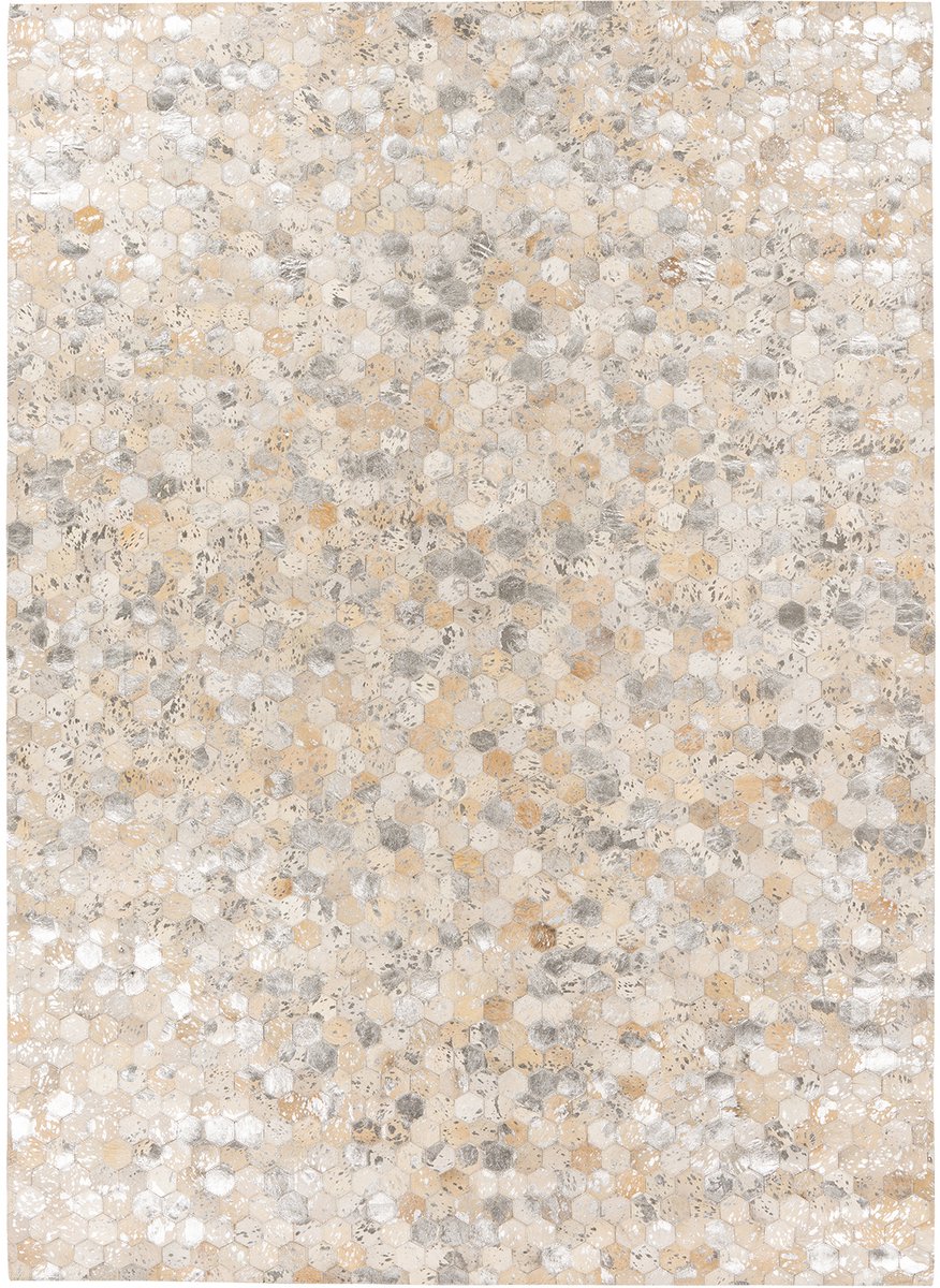 Padiro leren vloerkleed 120 x 170 cm - zilver - van hexagonale leren patches - met patchworkdesign - geschikt voor vloerverwarming - handgenaaid - van leer