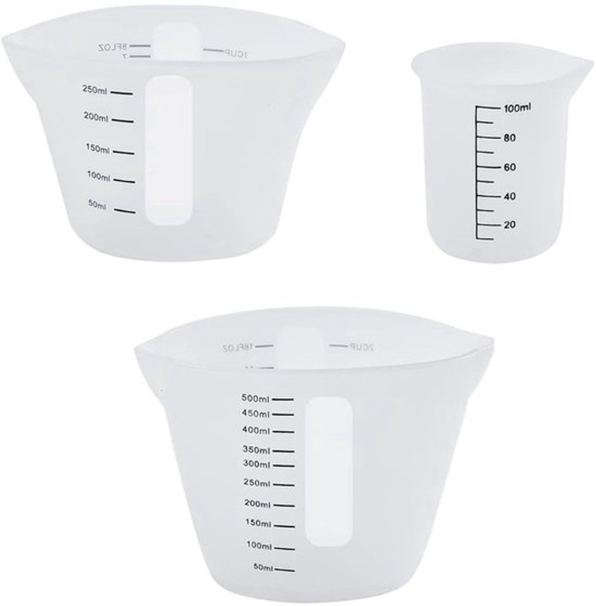 Maatbeker Set 3 Stuks - Siliconen Maatbeker 100/250/500 ml - Doorschijnend - Voor Gietvormen - Schaal met Nauwkeurige Meting - Materiaal: Silicagel - Mengbeker