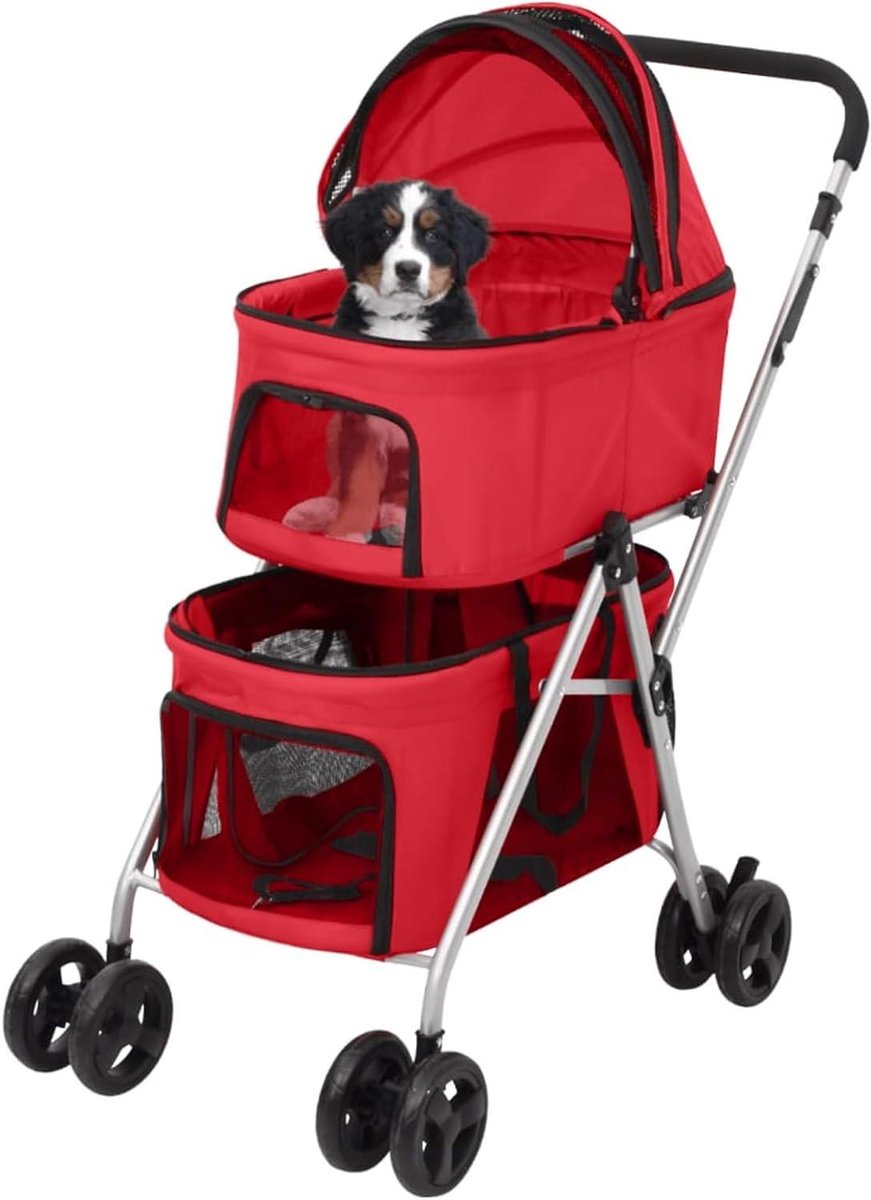 Hondenwagen Opvouwbaar - Hondentrolley Reisbuggy - Huisdieren Vervoeren - Voor Twee Honden - 83 x 48 x 97 cm - Rood