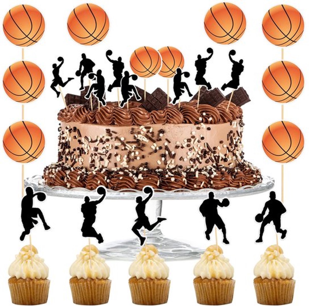 Taarttoppers 24 Stuks - Basketbal Taartdecoratie - Sport Thema Taartversiering - Veelkleurig - 8 x 5,5 cm - Bamboestok 8,5 cm