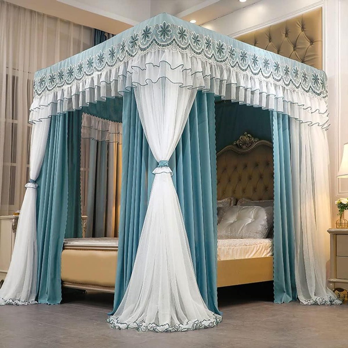 Hemelbed Gordijnen - Hemelbed Hoes - Slaapkamer Decoratie - Dubbellaags Kantontwerp - 150x200x200 cm - Blauw