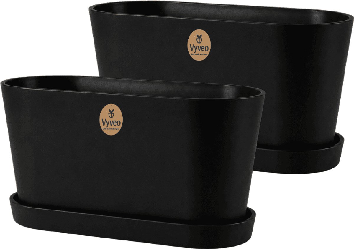 Vyveo - Bloempot Varda met onderzetter - Set van 2 - 18x10x11 - Zwart - Bloempot voor binnen en buiten - Lichtgewicht - Breukbestendig - Vorstbestendig - UV-bestendig