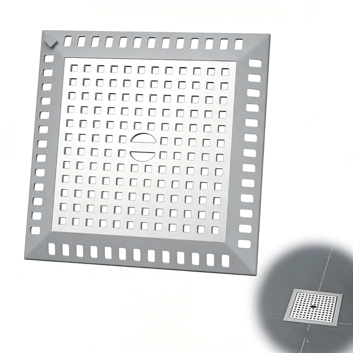 Afvoersieb voor douche, 12,3x12,3 cm, vierkant, haarfilter, roestvrijstalen afvoergitter