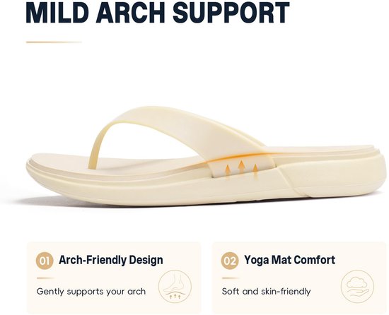 Beige teenslipper met uitleg over zachte demping en voetboogondersteuning.