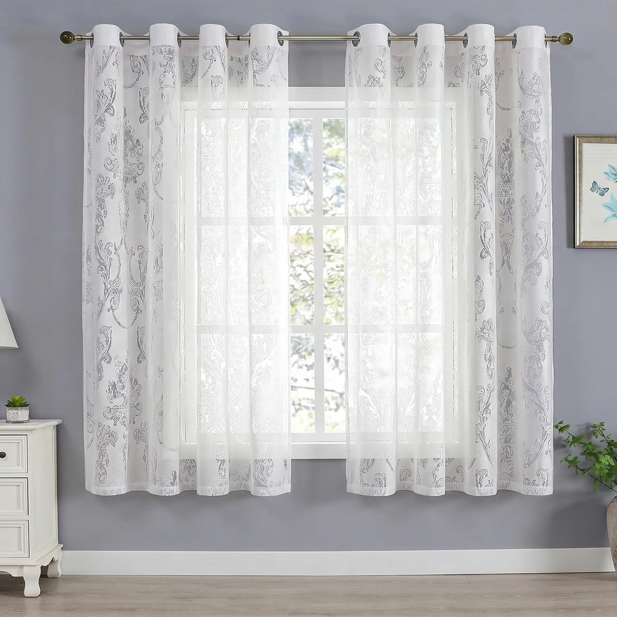 Gestreepte paneelgordijnen - Wit - 140 x 160 cm - Polyester met Damastpatroon - Voor Woonkamer en Slaapkamer