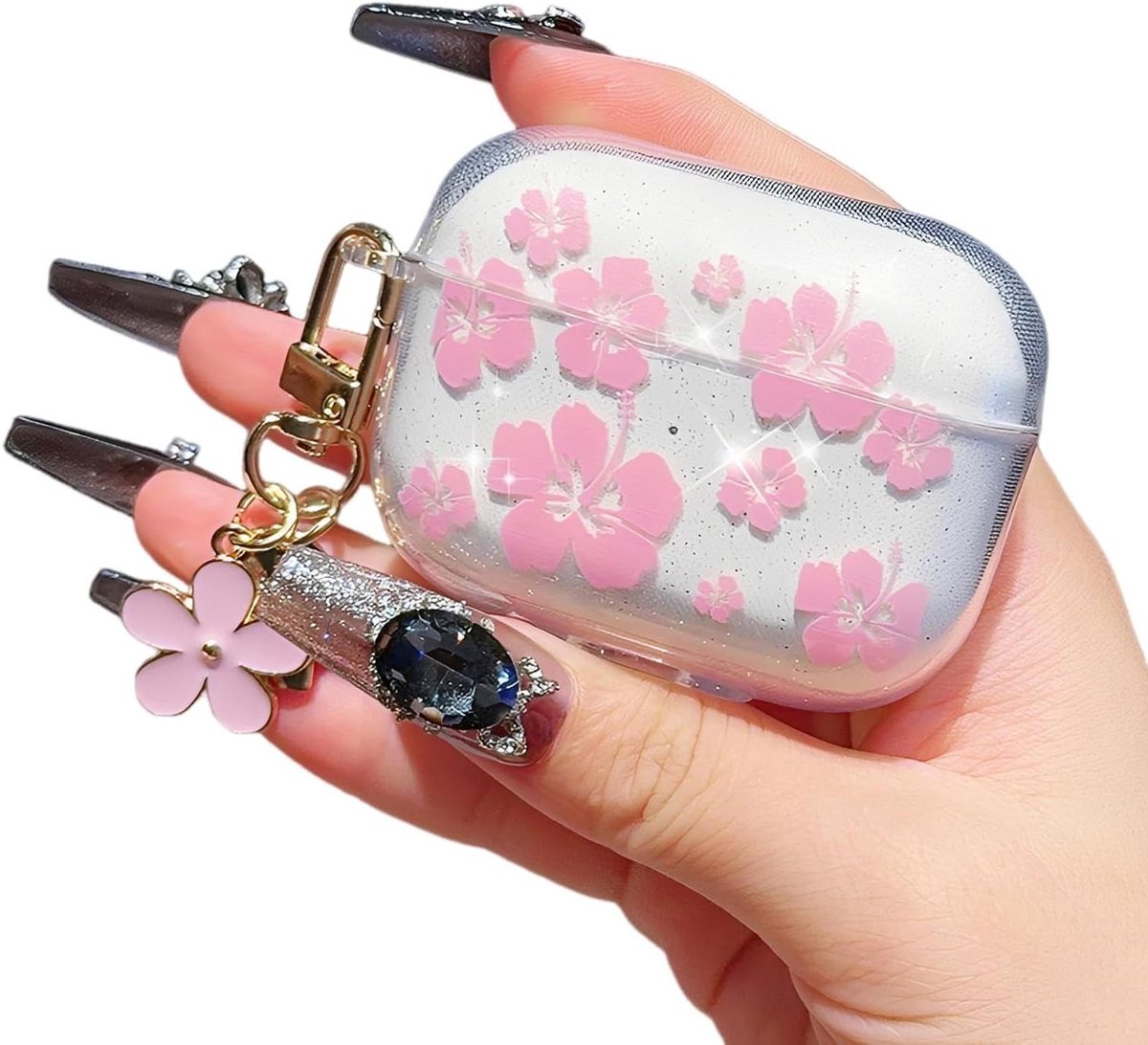 Airpods 4 Hoes - Beschermhoes Oordopjes - Dagelijks Gebruik - Glitter en Hibiscusprint - Niet gespecificeerd - Roze