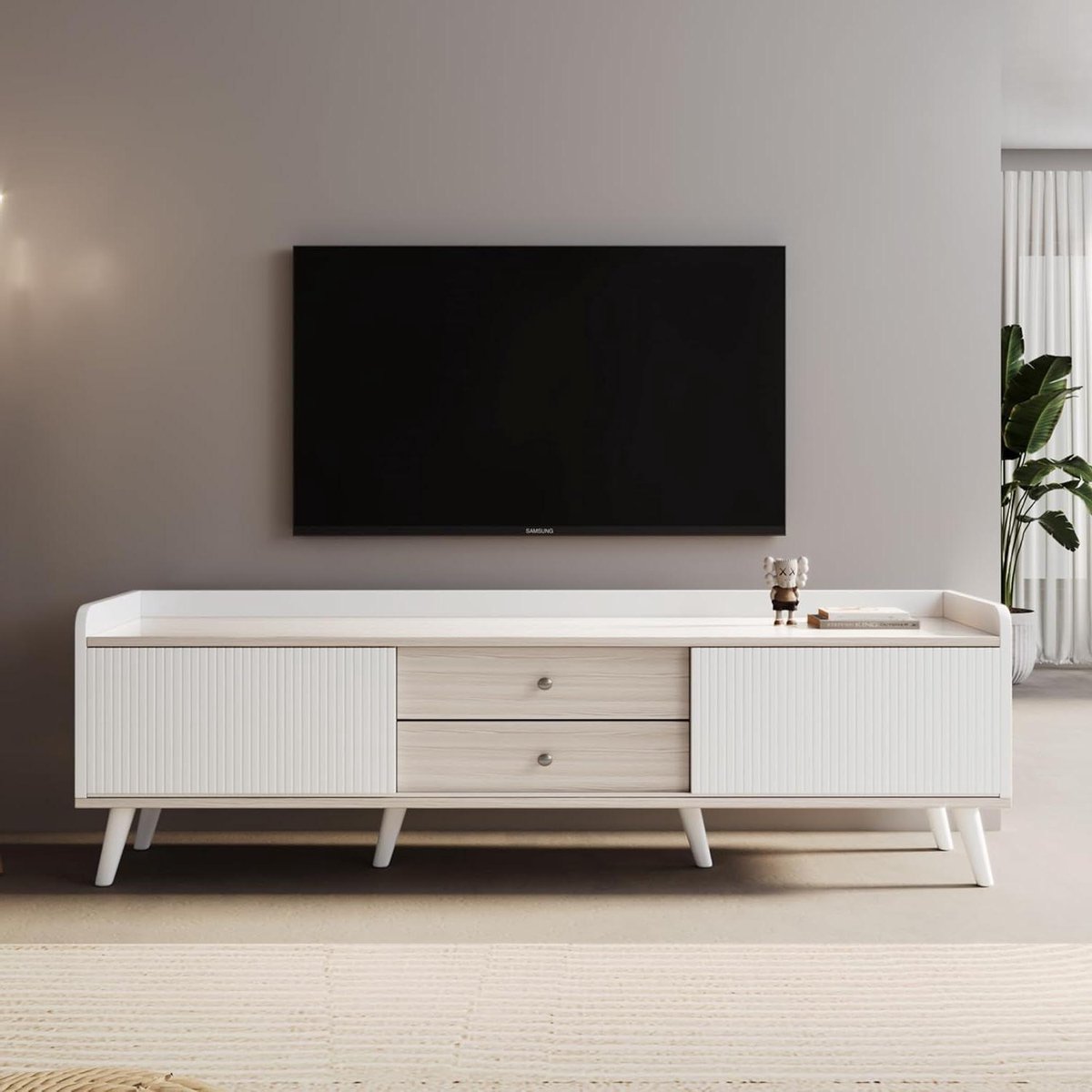 TV-kast met laden - Tv-meubel lage plaat - Woonkamer opbergen - Gestreepte schuifdeuren - 160 x 58 cm