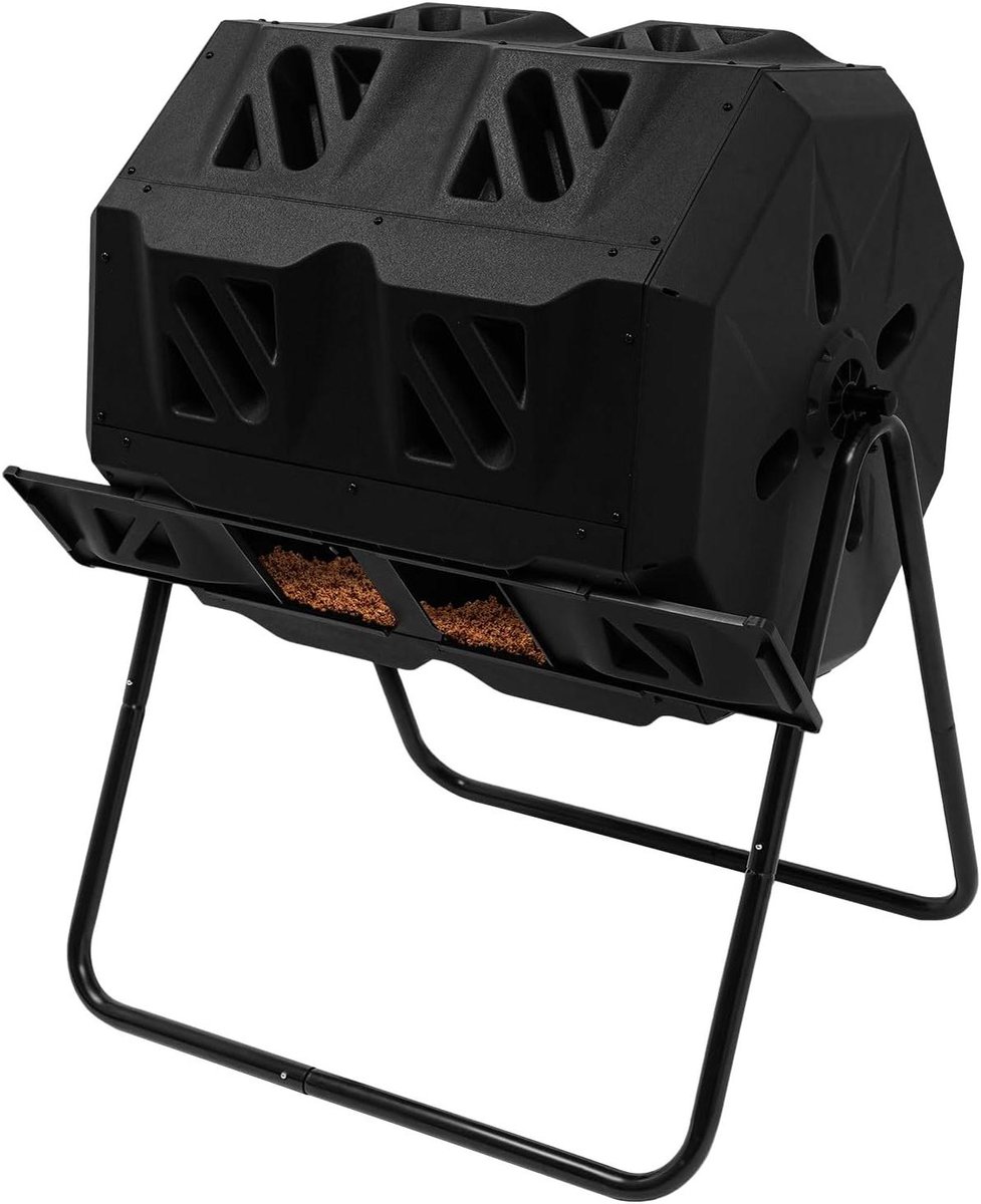 Compostbak Dubbele Kamer - Draaibare Compostcontainer - Compost Maken - Tuimelstructuur - 160 liter - Zwart
