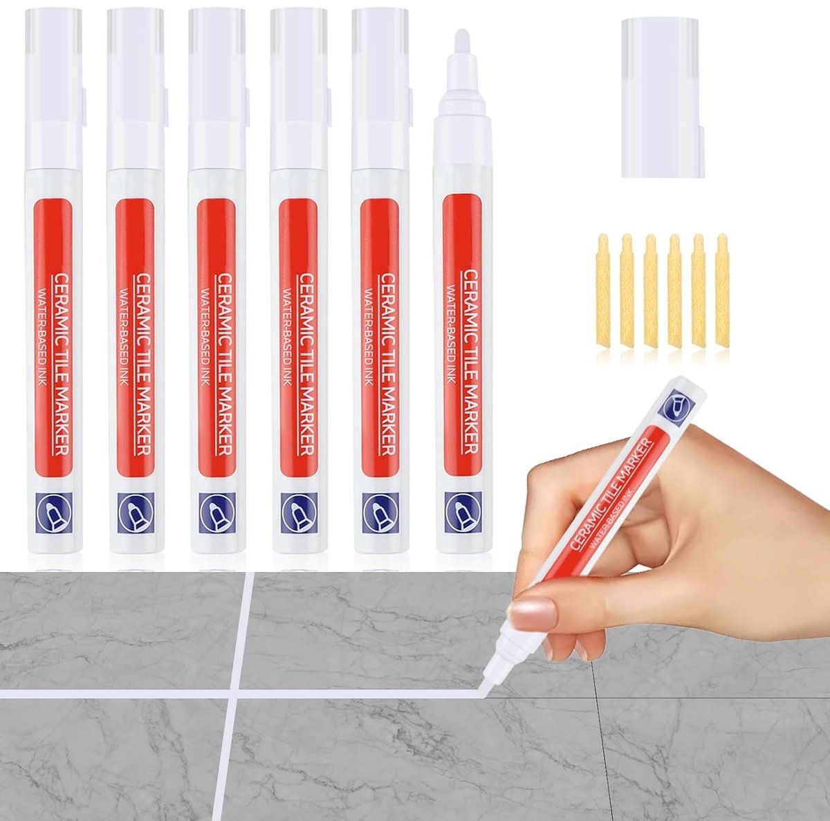 6-delige waterdichte voegpen voor het herstellen van wand- en vloervoegen in de badkamer, met vervangbare punt en nauwkeurige markering