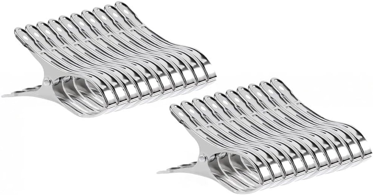 Handdoekklemmen van roestvrij staal - 20 stuks voor strand, ligstoel en was - 5 cm opening, zilver, roestvrij en duurzaam