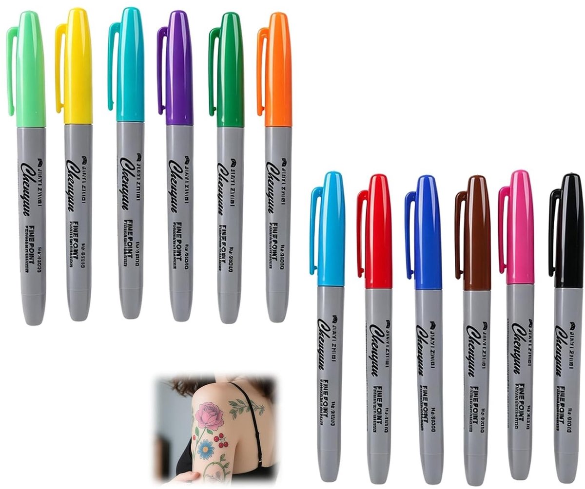 Set van 12 tattoo highlighters met chirurgische huidmarker, niet-toxische inkt, fijne punt, ideaal voor make-up en tattoo-artiesten, veilig en huidvriendelijk