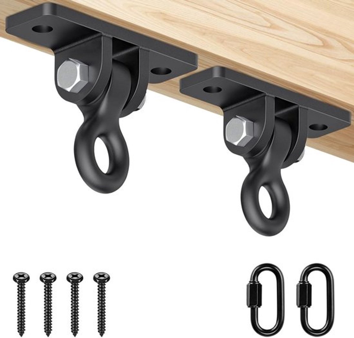 2 draaibare plafondhaken voor hangmat en hangstoel, 180°, stevige ophangbeugel tot 408 kg, inclusief karabiner en schroeven voor houten balken
