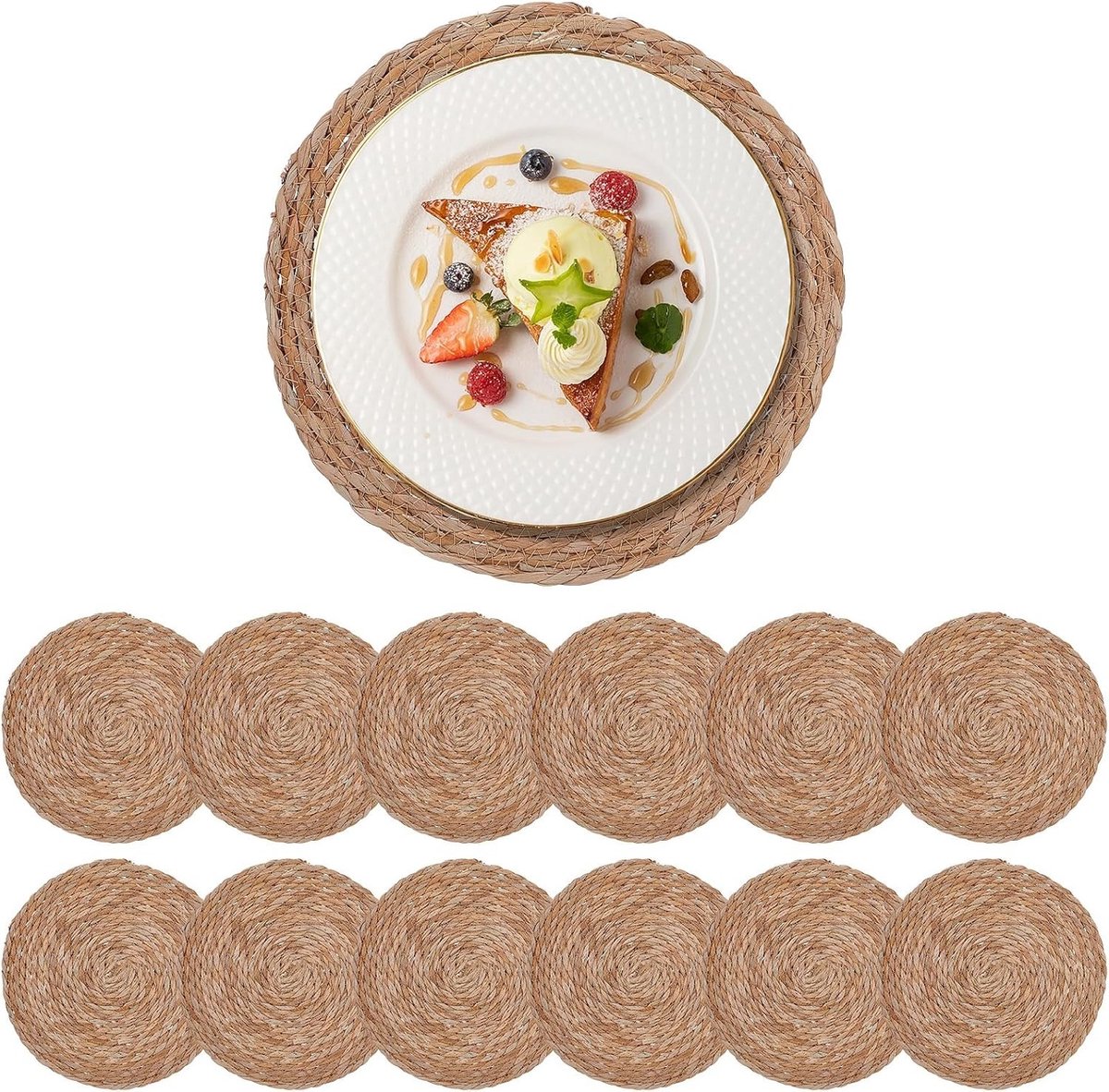 Ronde geweven bordenset van 12 stuks, 30 cm, boho-stijl, rotan tafelonderzetters voor keuken, diner, buitengebruik, terras, bruiloften en feesten