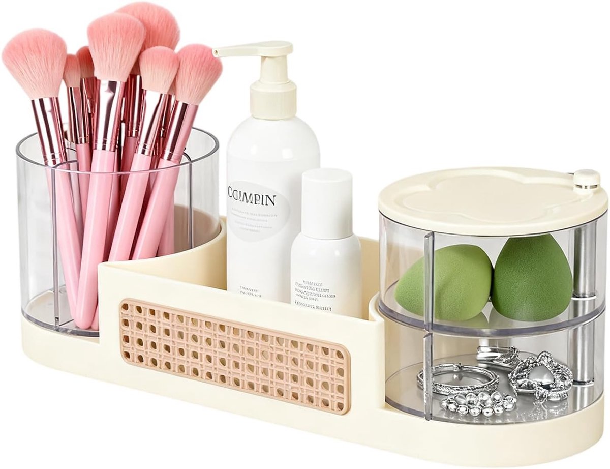 Multifunctionele 360° Draaiende Make-up Organizer voor Borstels, Lippenstiften en Oogschaduw, Ideaal voor Cosmeticaopslag in Badkamer en Slaapkamer, Beige Kleur