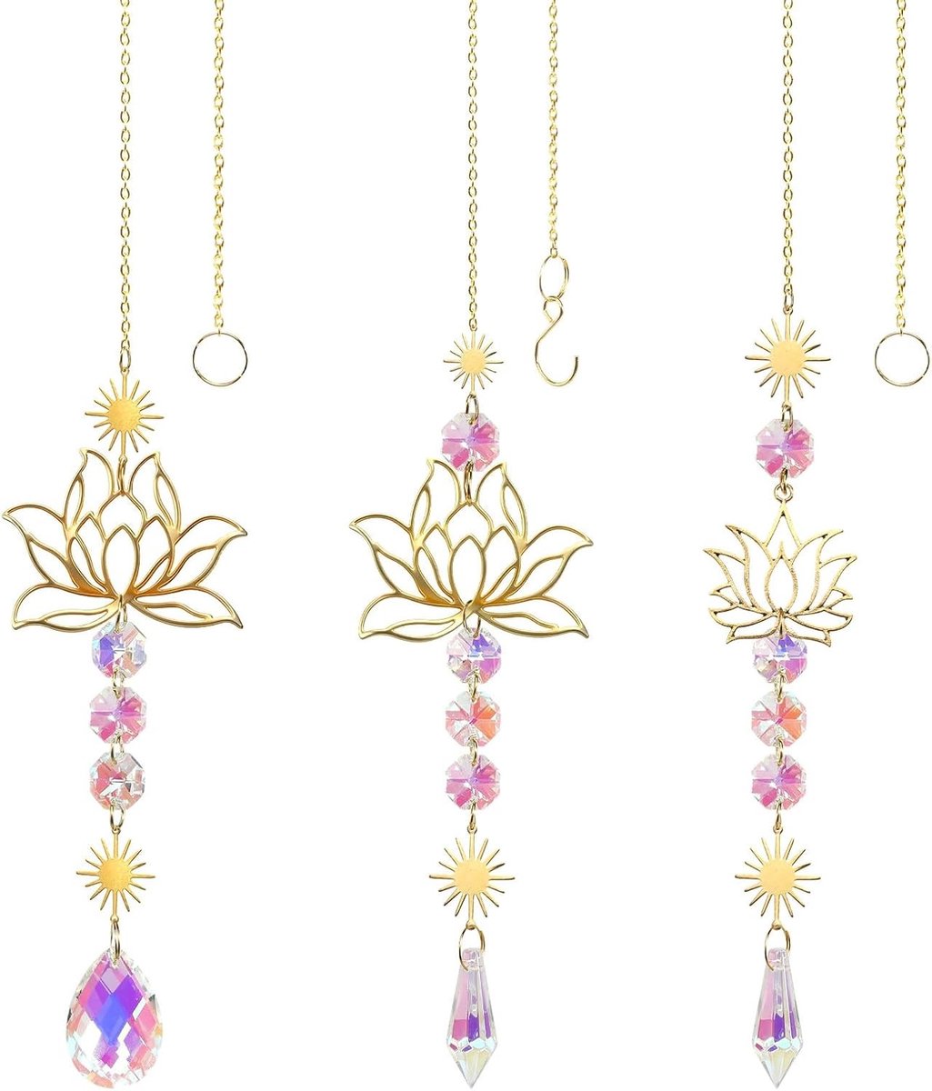 Decoratieve Hangende Zonvanger met 3 Lotus Bloemen - Kristallen Windspeler voor Raam, Tuin en Feestjes