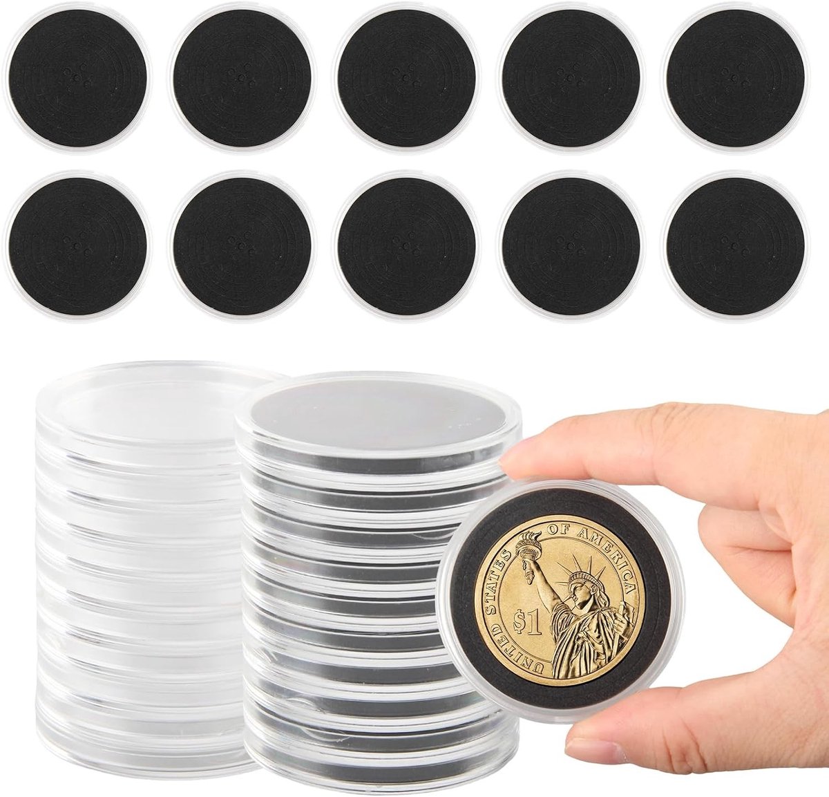 25 Coin Capsules voor Muntenverzamelaars met 5 Verschillende Maatopties en Zwarte Seals, Transparante Bescherming voor Munten en Verzamelobjecten