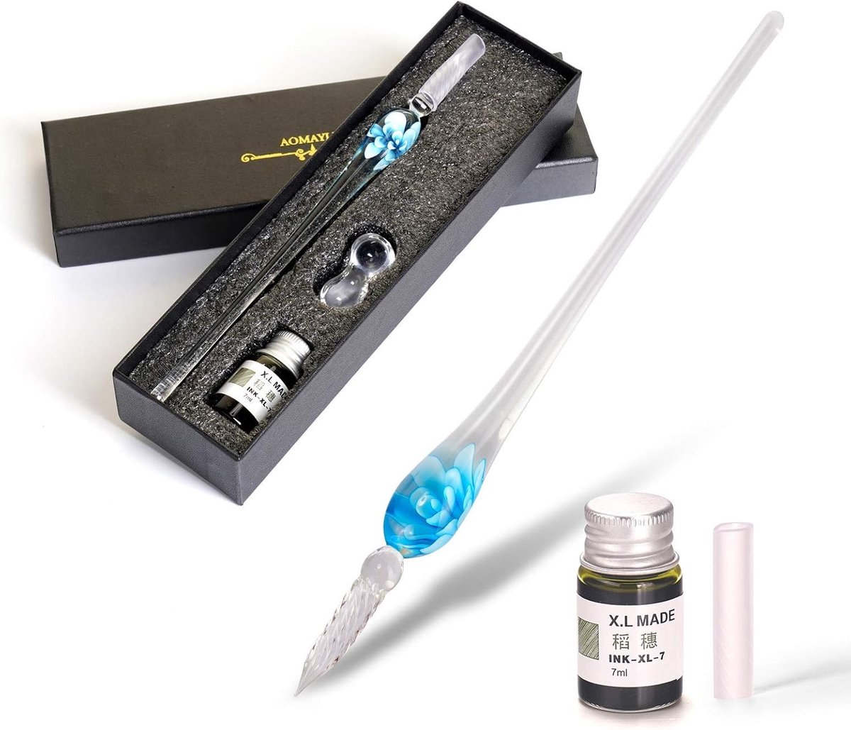 Glazen Dippen Kalligrafie-Pen Set - Lichtblauwe Bloemen - 18,5 cm - Hittebestendig Glas - Voor Wenskaarten en Handtekeningen