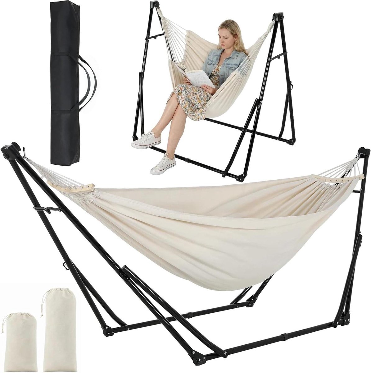 Hangmat met frame - Kampeerhangmat Relaxstoel - Buiten Ontspannen - Inklapbaar en verstelbaar - 231 x 89 cm - Kaki