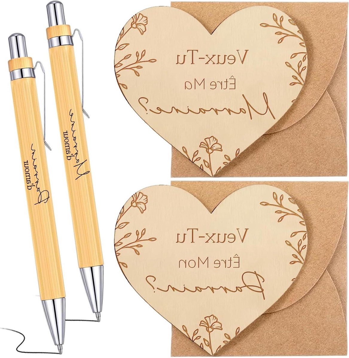 Cadeauset Peetouders Vragen - Doop Geschenk - Aankondiging Zwangerschap - Hartvormige Houten Kaart - 6 Delig - Natuurlijk Hout