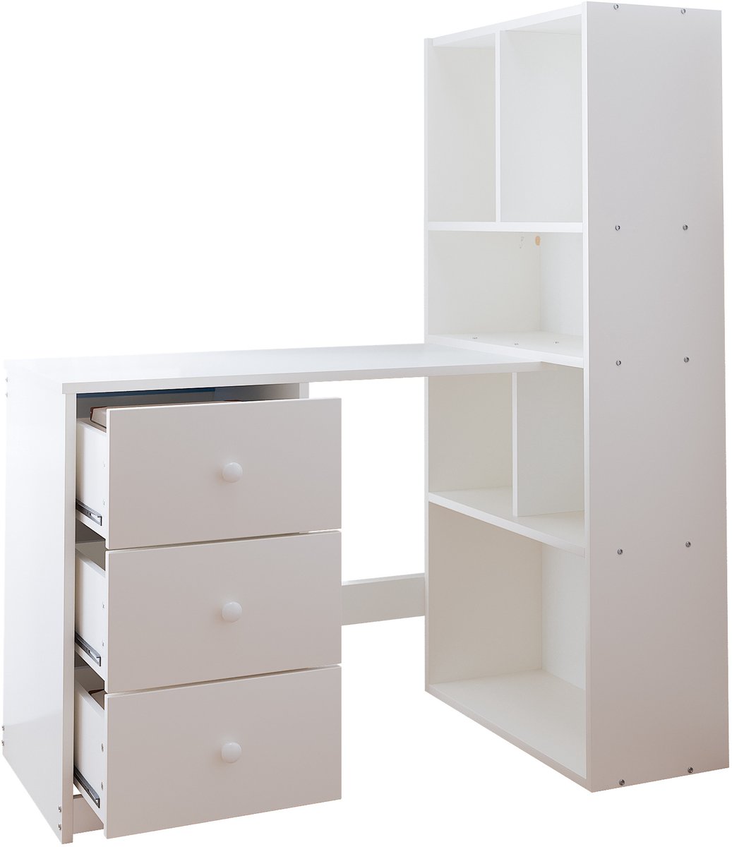 COVREO Bureau 117 x 63 x 135 cm wit hout, met boekenrek en 3 lades