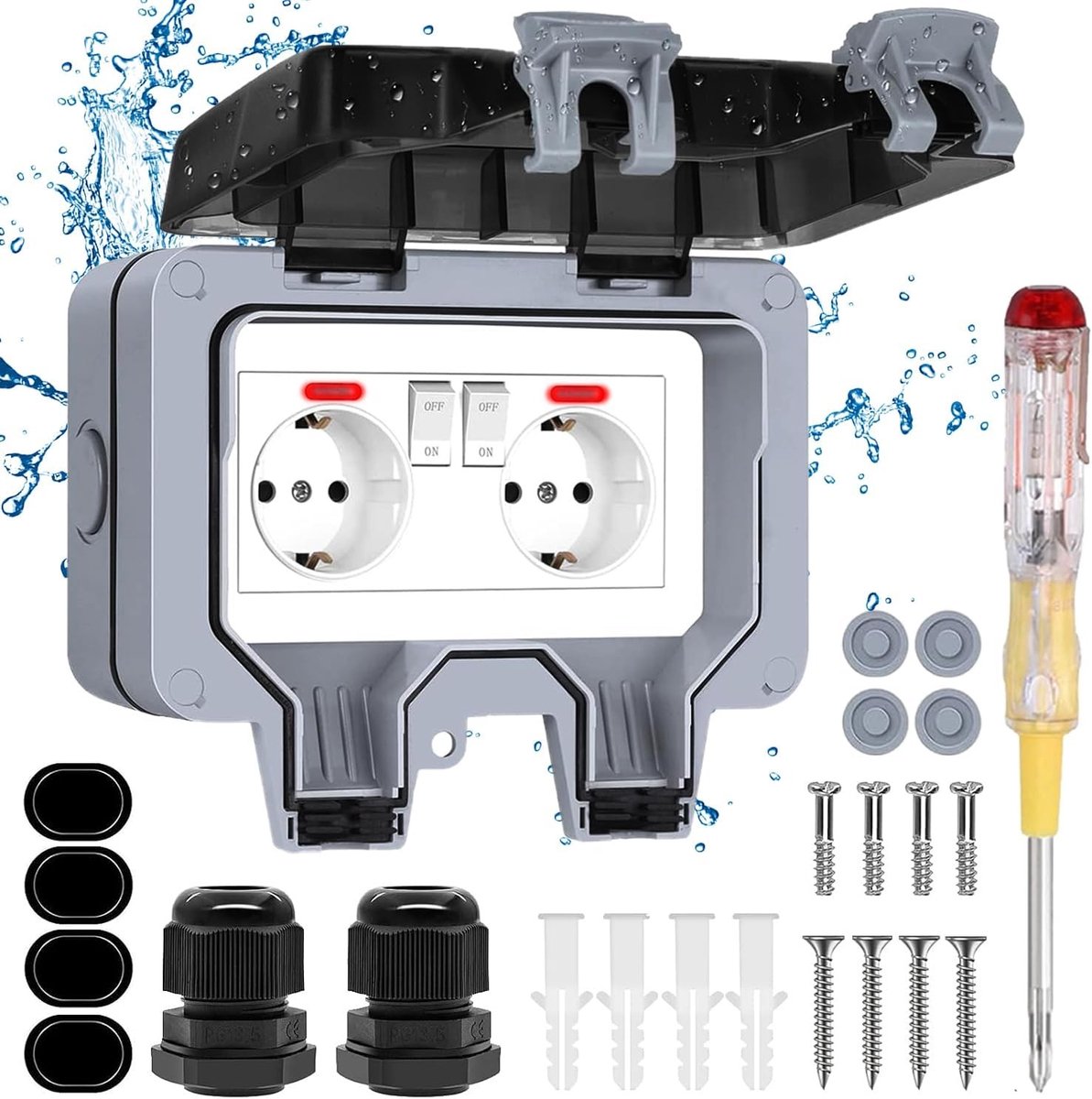 Buitenstopcontact - Grijs - 33 mm Diepte - Waterdichte Wandcontactdoos met Schakelaar en Controlelampje - Voor Buiten en Vochtige Ruimtes