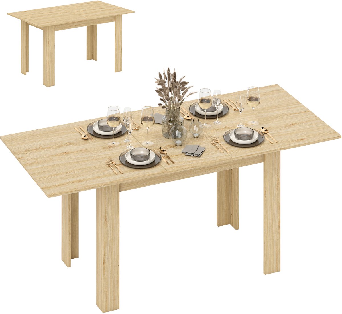 Uitschuifbare eettafel — Rechthoekige keukentafel — Geschikt voor 6-8 personen — 140-180 x 80 cm — Natuurlijke houtnerfafwerking