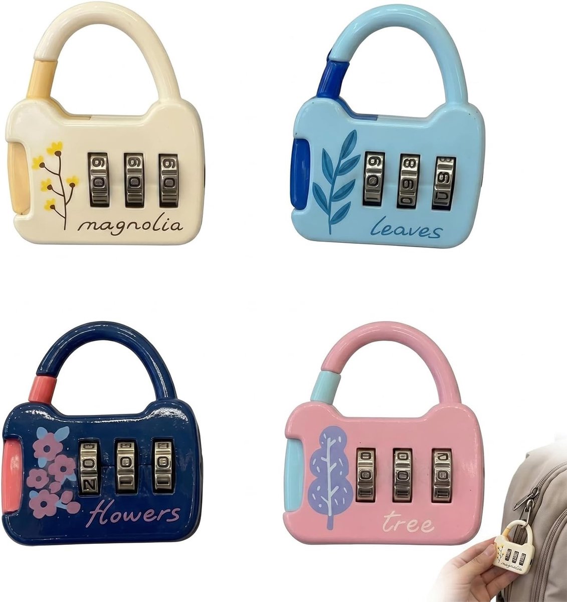 Codeslot voor vliegtuigkoffer - Klein hangslot met 3-cijferige code, schattig mini-hangslot voor kluisje, rugzak en school - 4 kleuren beschikbaar, ideaal voor veilig reizen en opbergen