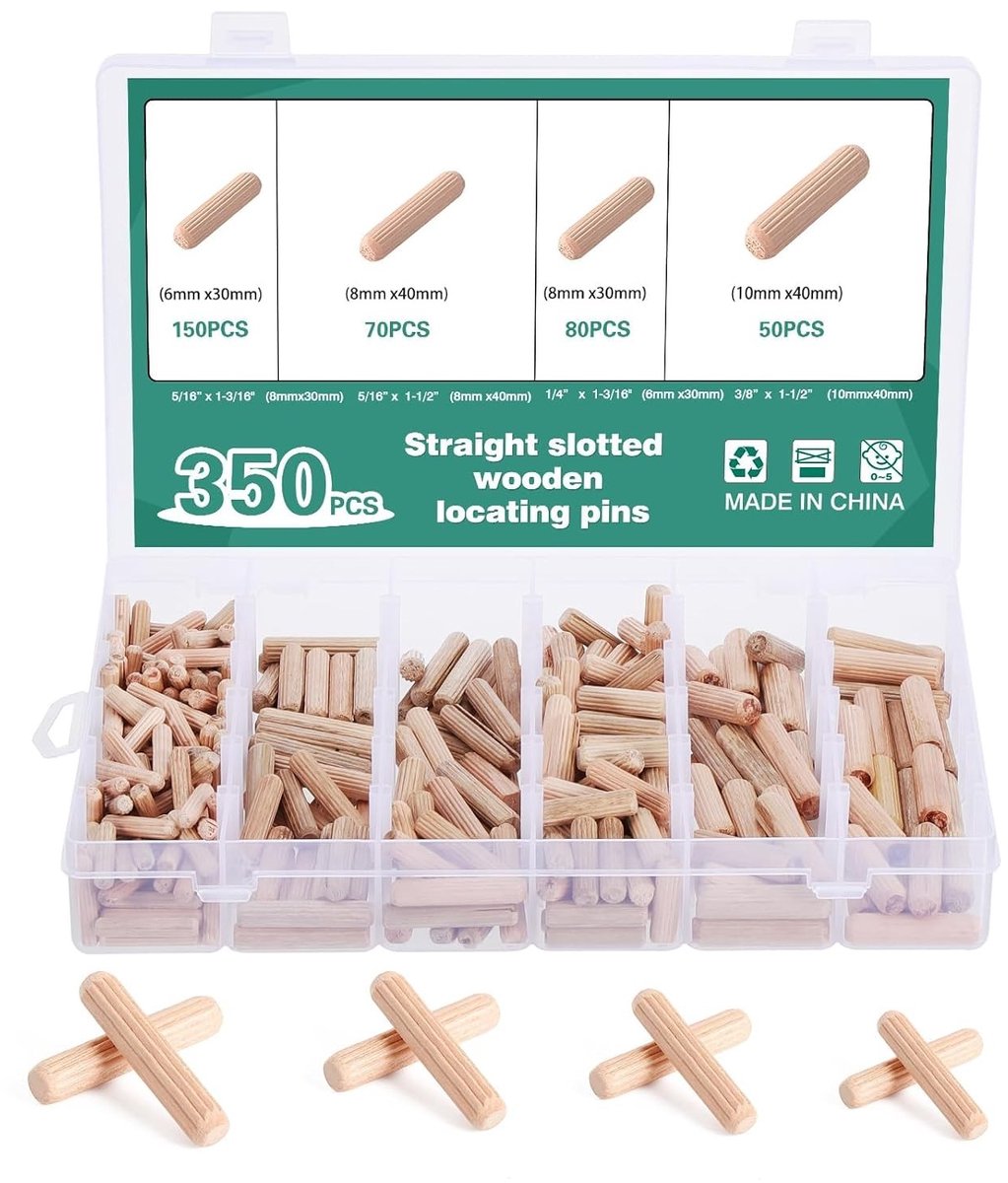 350 Stuks Houten Dowel Pins - Diverse Maten 6x30, 8x30/40, 10x40 mm - Rechte en Geprofileerde Dowel met Afgeschuinde Punt voor Meubelbouw en Houtverbindingen