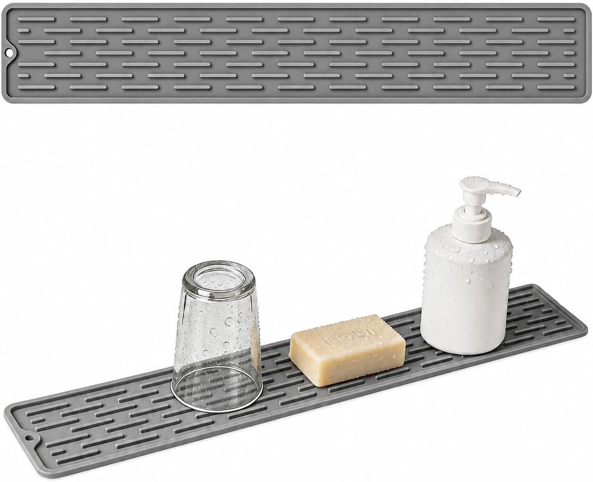 Smal Afdruipmat van Siliconen, Antislip en Duurzaam, Ideaal voor Gootsteenorganizer en Keukenaccessoires, 55 x 8,8 cm, Grijs