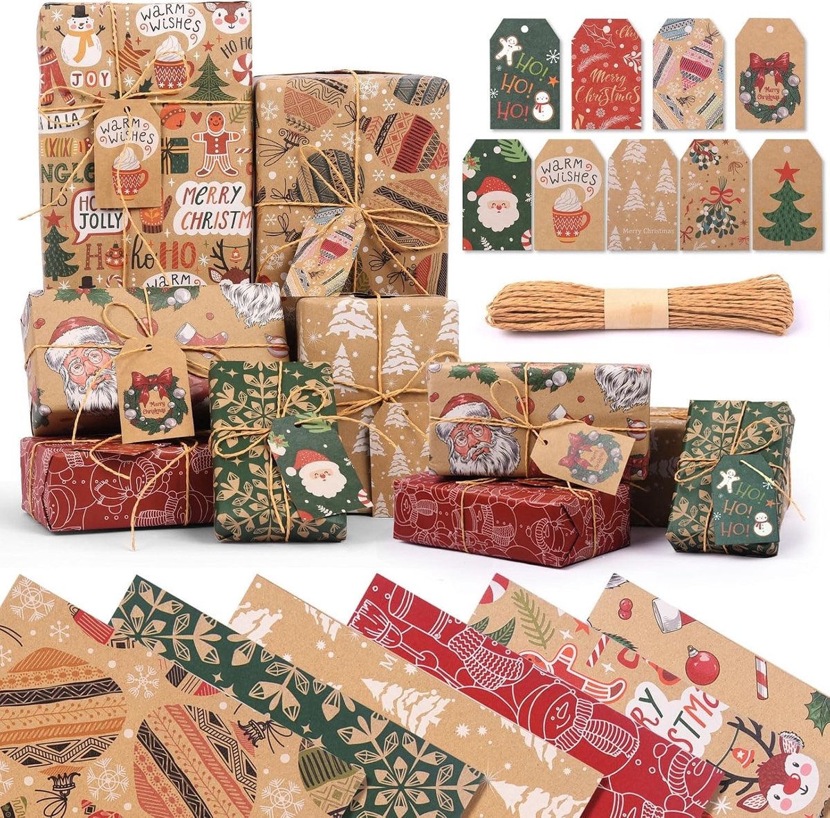 Kerstcadeaupapier Set - Inpakpapier Vellen - Cadeaus Versieren - Recyclebaar Kraft Papier - 12 Vellen 70x50cm - Vintage Designs