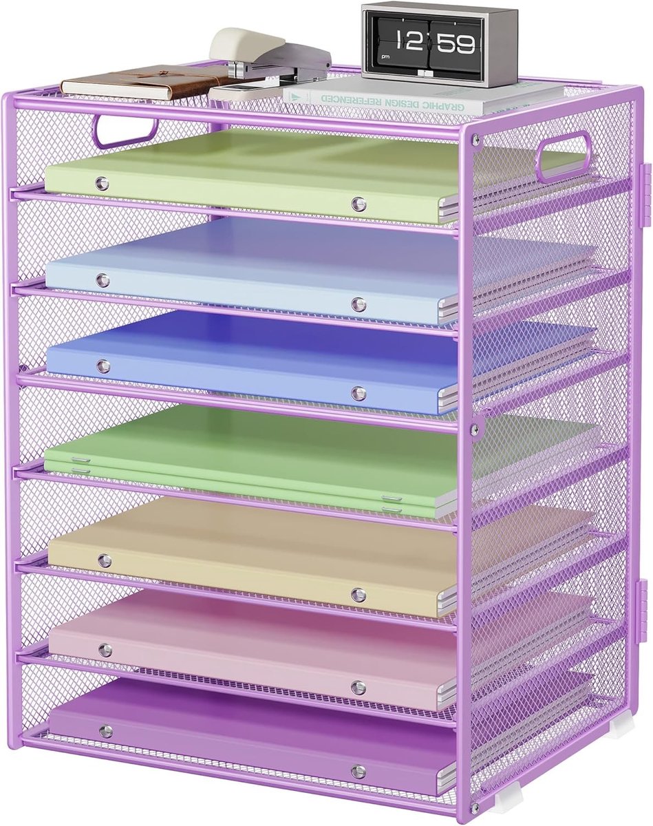 Stapelen Document Organizer voor Papier en Documenten, 8 Laags Metalen Bureau Organizer voor Thuis, Kantoor en School (Paars)