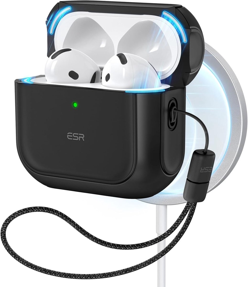 Beschermende AirPods 4 Hoes met Draadloos Opladen, Polsband en Magnetische Deksel - Orbit Hybrid Case, Zwart