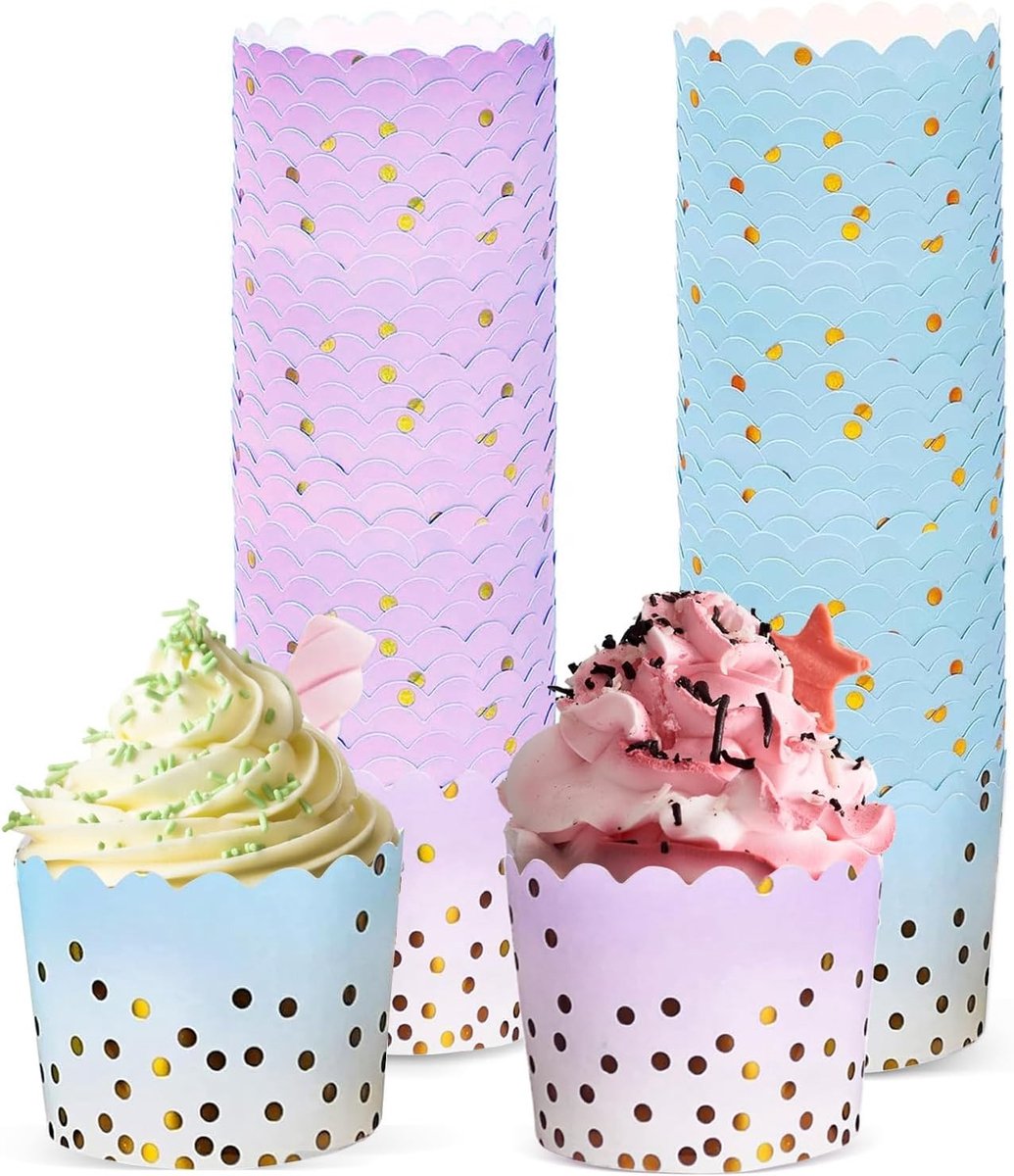 100 Stuks Papieren Muffinvormen voor Cupcakes en Desserts, 7 × 6 × 5.5 cm, Ideaal voor Feestjes en Bakprojecten in Blauw en Paars
