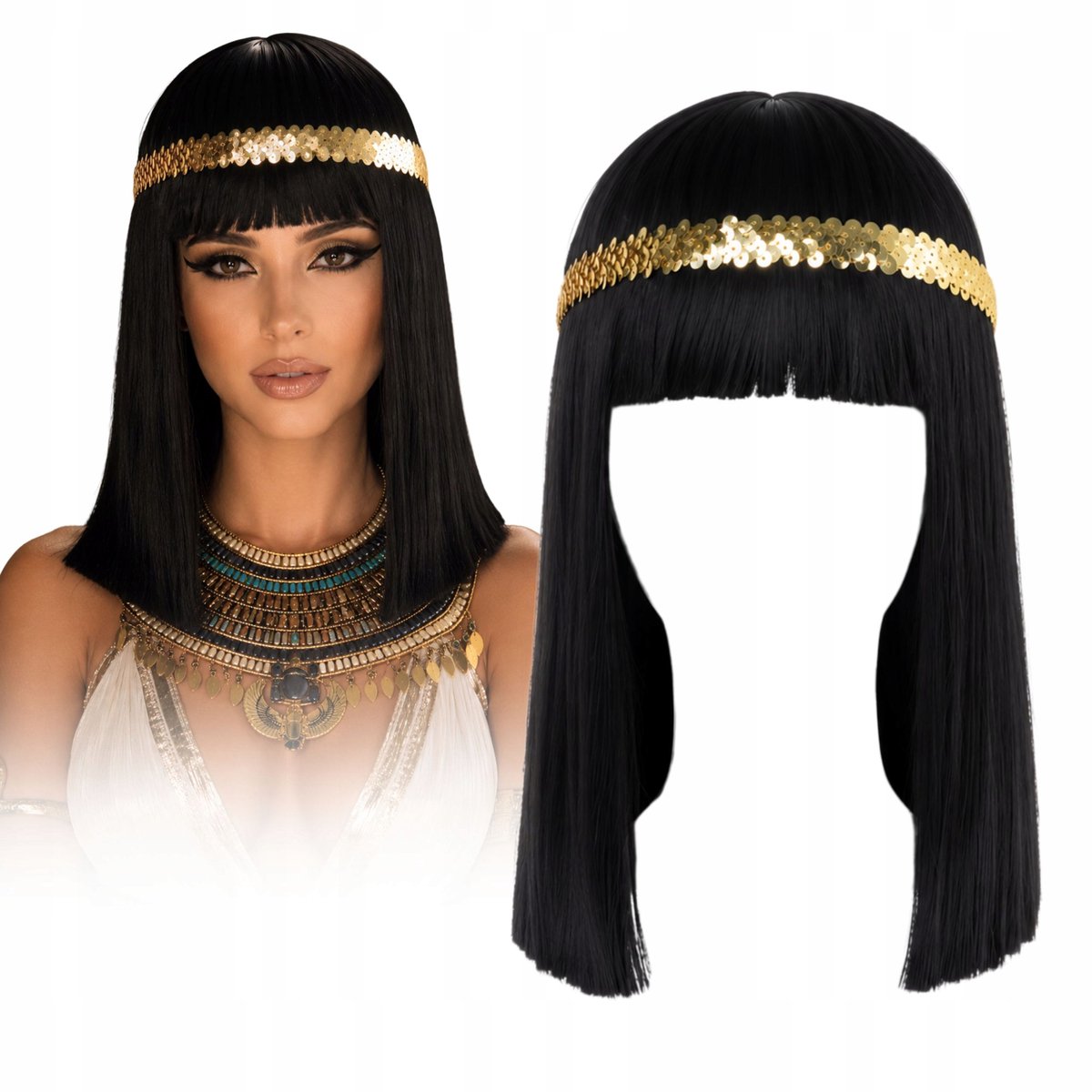 Zwarte Cleopatra pruik met pony en gouden hoofdband - Cosplay