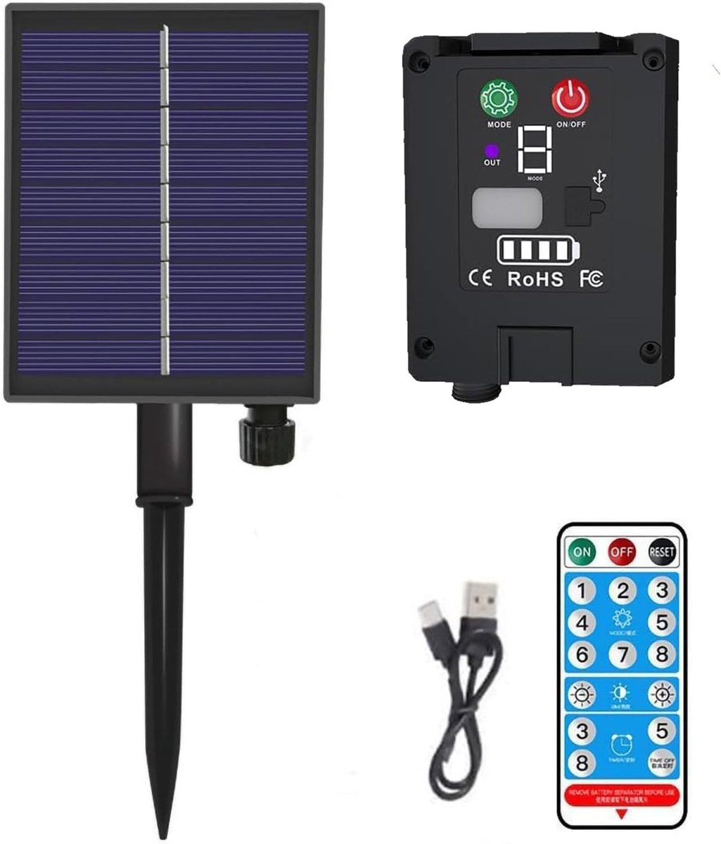 Zonnepaneel voor Lichtsnoer - Zwart - 1200 mAh - Waterdicht Zonnemodule met Afstandsbediening - Voor Tuinverlichting