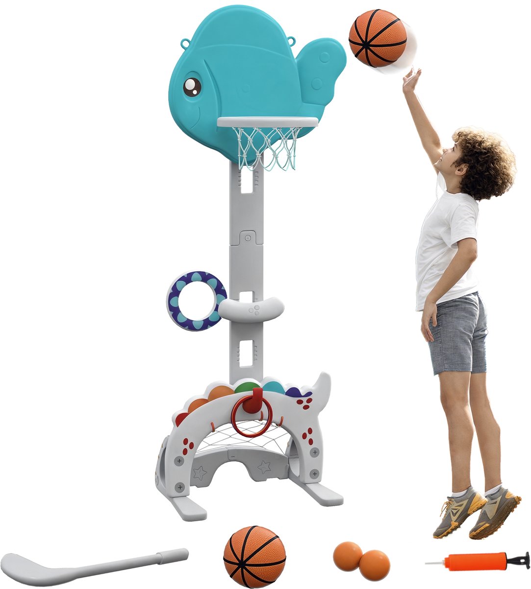 AIYAPLAY Kids Basketball Stand-HDPE-46L x 51B x 134-152H cm-Blau+Grau+Weiß