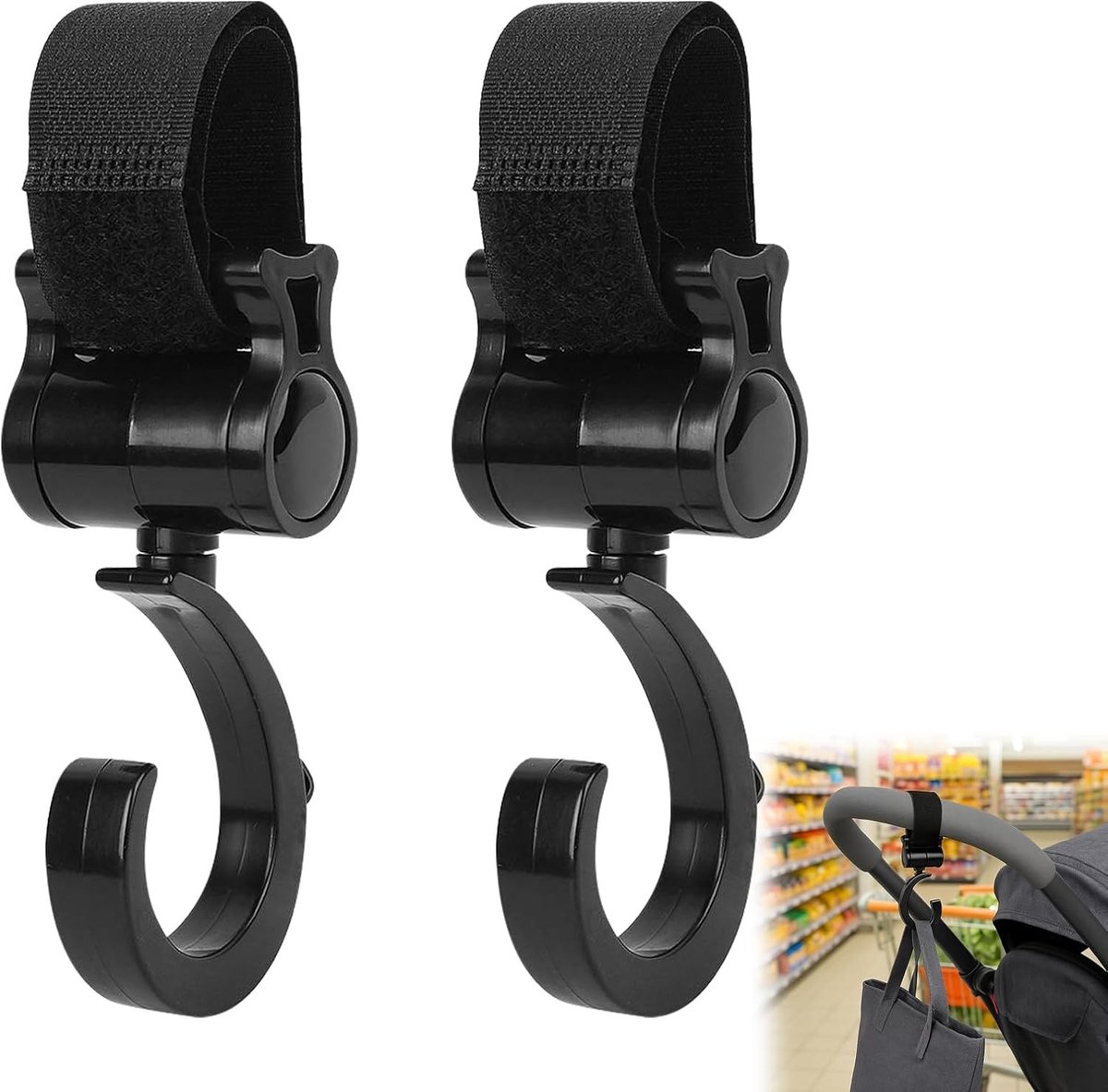 Kinderwagen Haken - Reis Accessoires - Tassen Dragen - 360 Graden Draaibaar - 2 Stuks - Zwart
