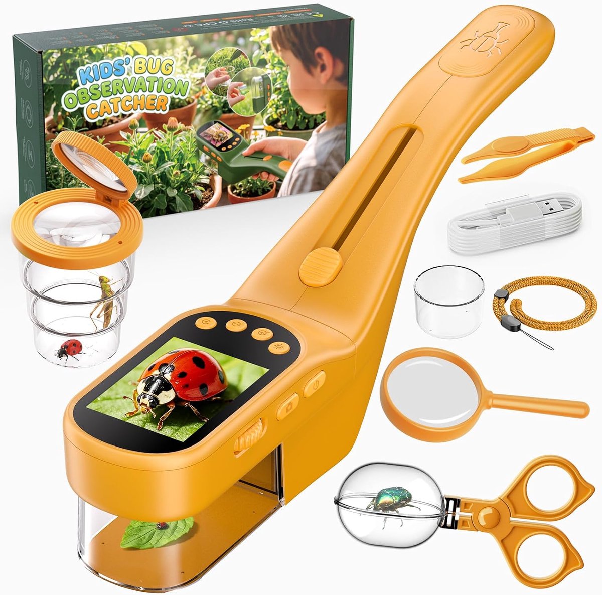 Microscoop - Kinder microscoop - Kindermicroscoop met Insectenvanger Kit - Digitale Handmicroscoop 500x Zoom met 2.4" IPS Scherm & LED - 9-in-1 Buitenspeelgoed STEM Educatief Cadeau voor Kinderen - Oranje