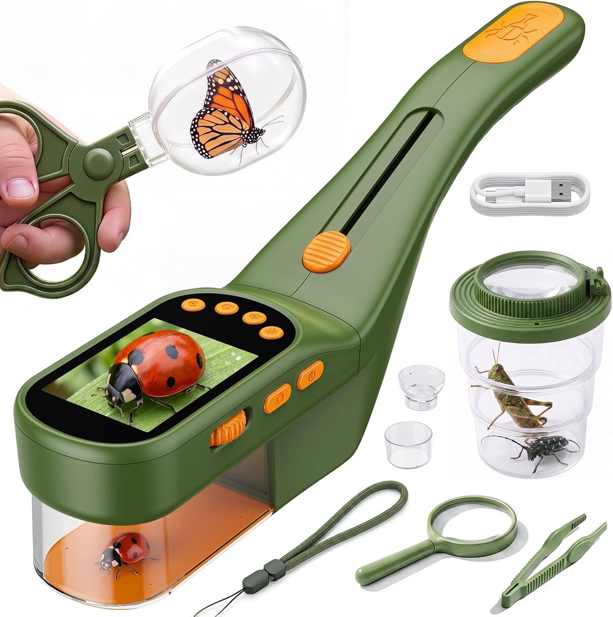 Microscoop - Kinder microscoop - Kindermicroscoop met Insectenvanger Kit - Digitale Handmicroscoop 500x Zoom met 2.4" IPS Scherm & LED - 9-in-1 Buitenspeelgoed STEM Educatief Cadeau voor Kinderen - Donkergroen